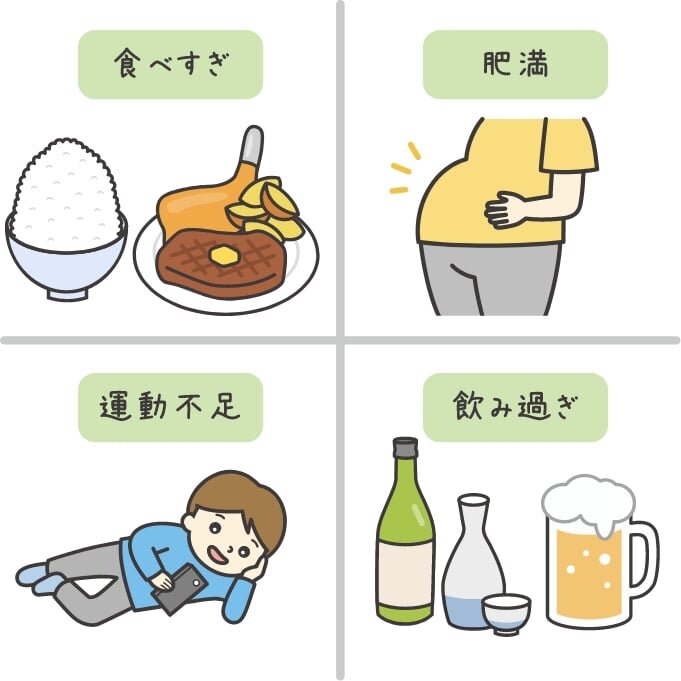 脂質異常症を発症する主な原因。食べすぎ・肥満・運動不足・飲み過ぎ。