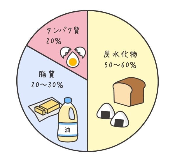 栄養素バランスの円グラフ。炭水化物50〜60%、脂質20〜30%、タンパク質20%。