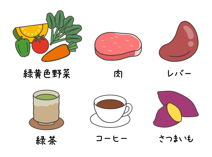 抗酸化作用のある食材。緑黄色野菜・肉・レバー・緑茶・コーヒー・さつまいも。