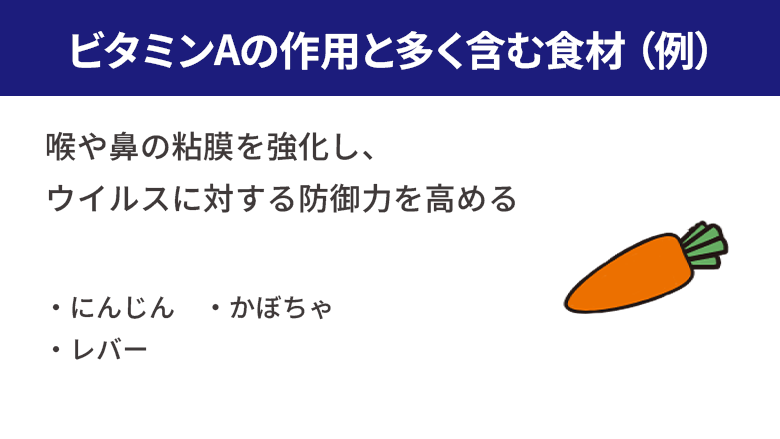 ビタミンAの作用と多く含む食材(例)。喉や鼻の粘膜を強化し、ウイルスに対する防御力を高める 。にんじん、かぼちゃ、レバー。