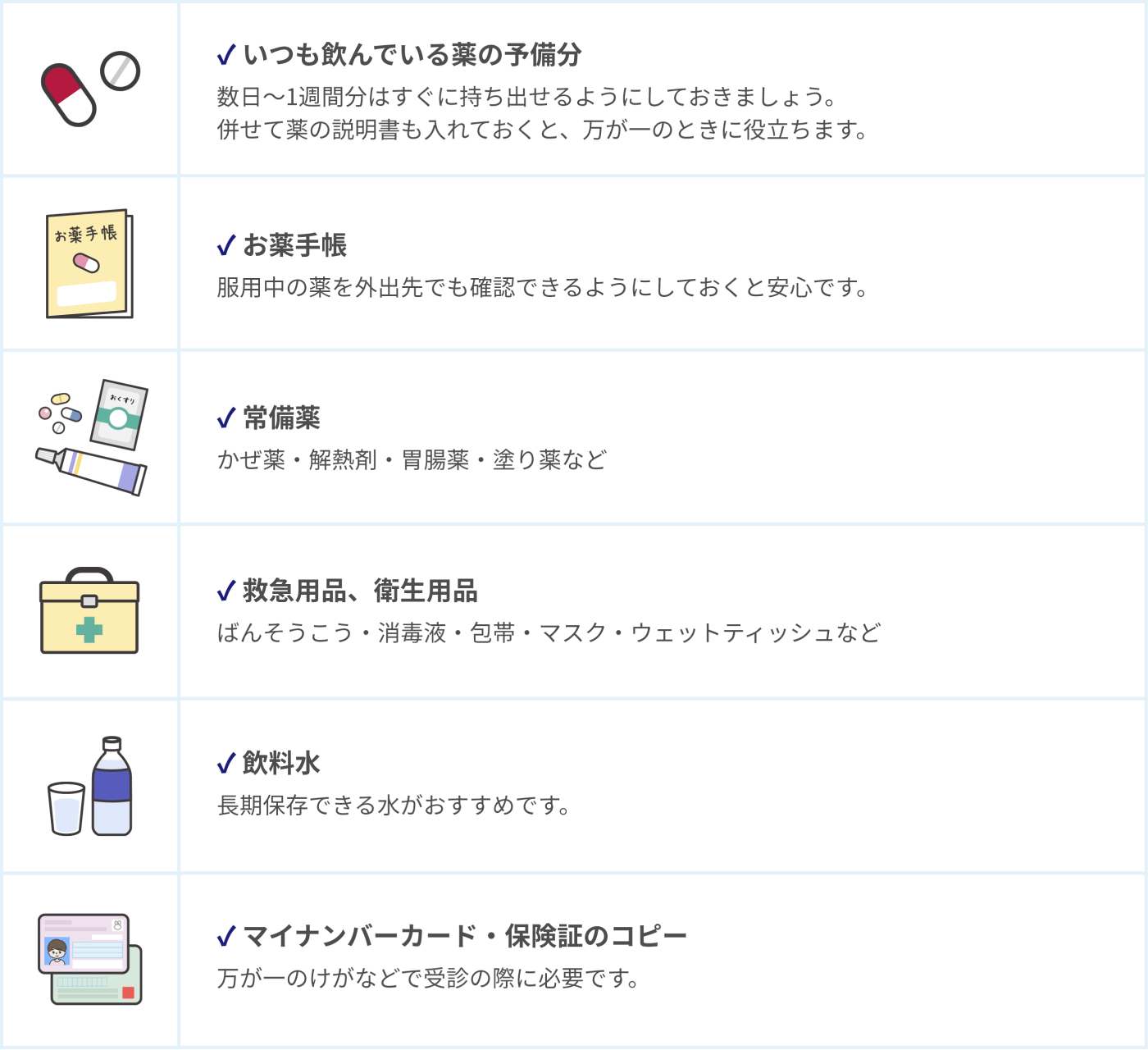 薬に関する防災チェックリスト。✓いつも飲んでいる薬の予備分:数日〜1週間分はすぐに持ち出せるようにしておきましょう。併せて薬の説明書も入れておくと、万が一のときに役立ちます。 ✓お薬手帳:服用中の薬を外出先でも確認できるようにしておくと安心です。 ✓常備薬:かぜ薬・解熱剤・胃腸薬・塗り薬など。 ✓救急用品、衛生用品:ばんそうこう・消毒液・包帯・マスク・ウェットティッシュなど。 ✓飲料水:長期保存できる水がおすすめです。 ✓マイナンバーカード・保険証のコピー」万が一のけがなどで受診の際に必要です。