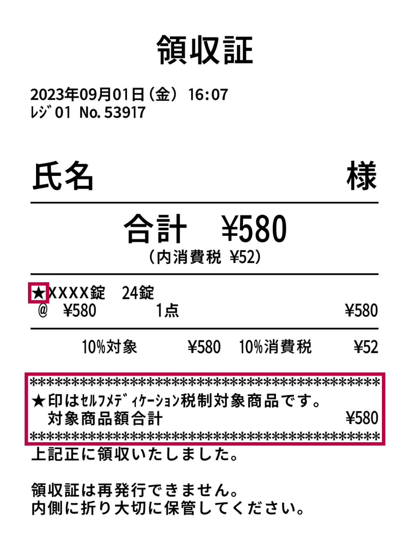 領収書(レシート)の印字例のイメージ。セルフメディケーション税制に関連する★印の部分と、セルフメディケーション税制対象商品の部分が強調されている。印字内容は次の通り。領収書 2023年09月01日(金) 16:07 レジ01 No.53917 氏名 様 合計 ¥580(内消費税 ¥52) ★XXXX錠 24錠 @580 1点 ¥580 10%対象 ¥580 10%消費税 ¥52 ★印はセルフメディケーション税制対象商品です。 対象商品額合計 ¥580 上記正に領収いたしました。 領収書は再発行できません。内側に折り大切に保管してください。