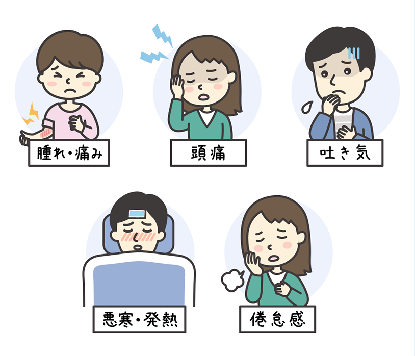 腫れ・痛み、頭痛、吐き気、悪寒・発熱、倦怠感