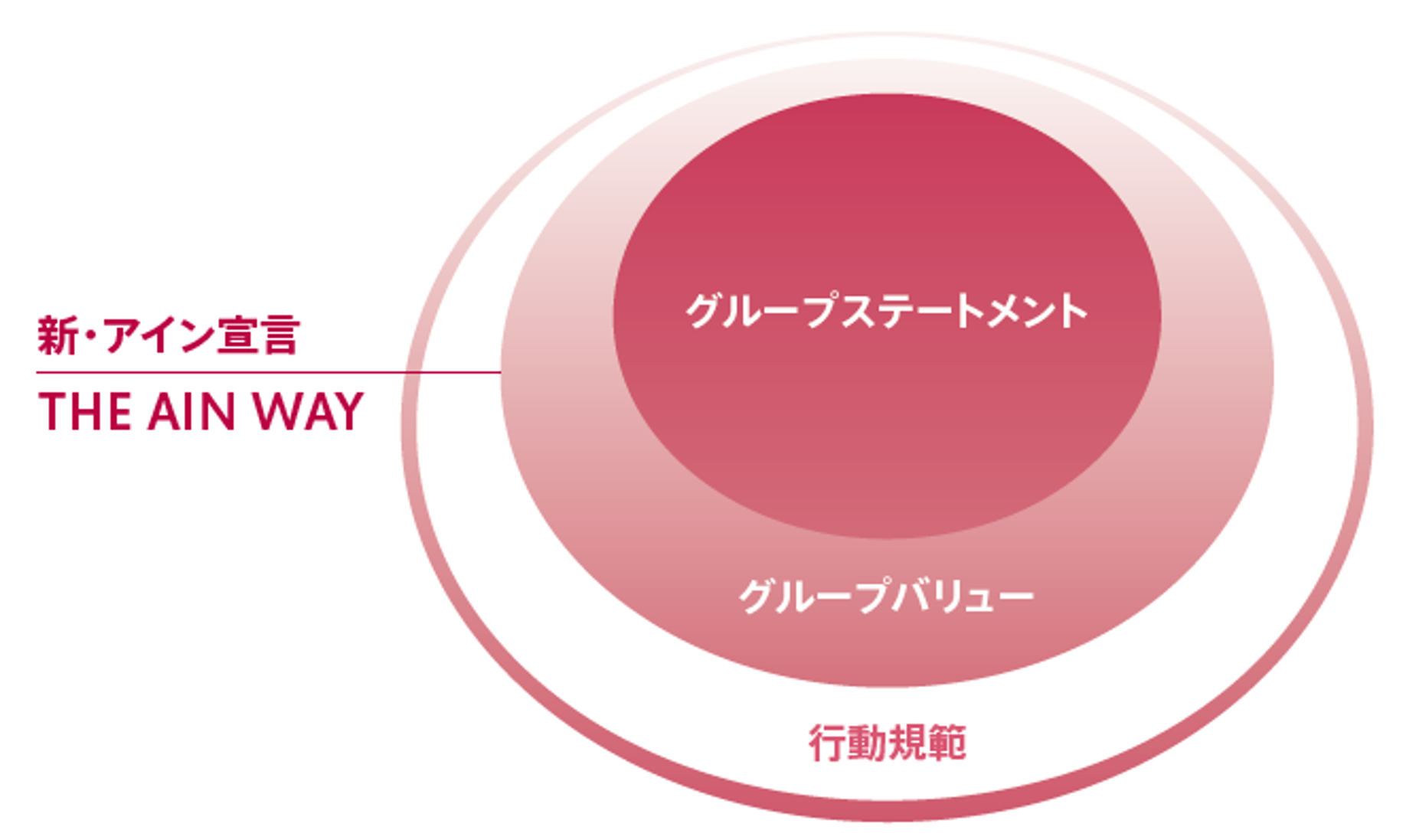 新・アイン宣言の理念体系図。楕円が三階層になっており、一番下から行動規範、二階層目がグループバリュー、最上層がグループステートメント。グループバリューの楕円から引き出し線が伸びており、「新・アイン宣言 THE AIN WAY」と書かれている。