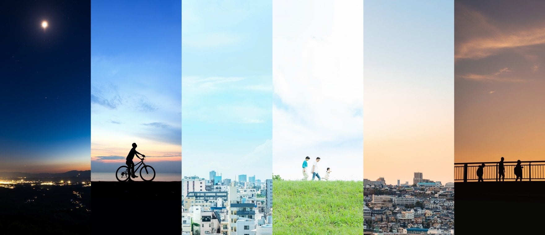 お客さまの日々に寄り添い、生活の豊かな彩りを表現するイメージ画像。6つのシーンで構成されており、美しい写真が並ぶ。夜明け前の星空、朝日が昇り始める中でのサイクリング、明るい都会の街並み、柔らかな緑の中で家族で散歩する昼下がり、夕暮れに染まる街並み、黄昏時に家路へ向かう子供たち。