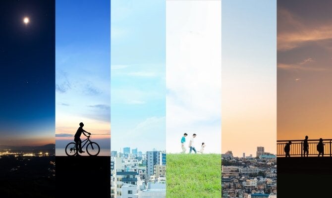お客さまの日々に寄り添い、生活の豊かな彩りを表現するイメージ画像。6つのシーンで構成されており、美しい写真が並ぶ。夜明け前の星空、朝日が昇り始める中でのサイクリング、明るい都会の街並み、柔らかな緑の中で家族で散歩する昼下がり、夕暮れに染まる街並み、黄昏時に家路へ向かう子供たち。
