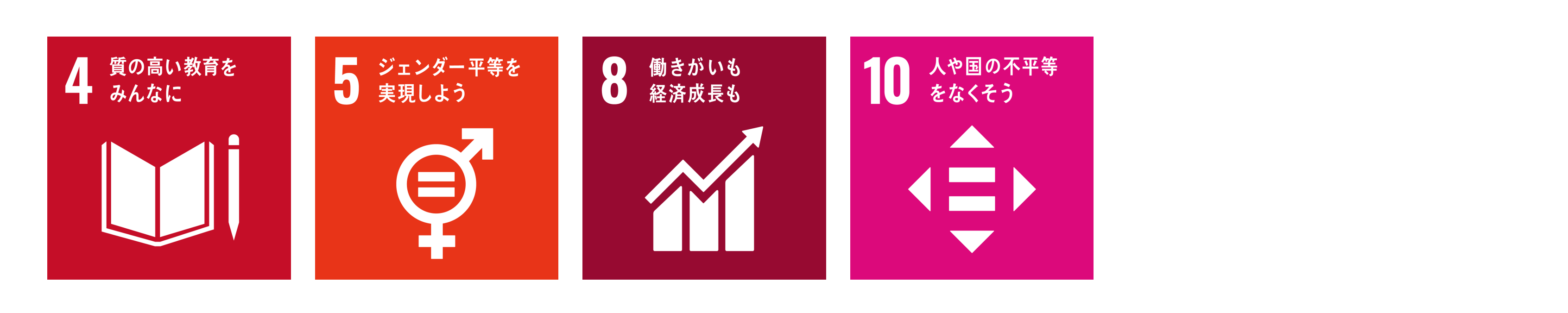 SDGsアイコン。4 質の高い教育をみんなに、5 ジェンダー平等を実現しよう、8 働きがいも経済成長も、10 人や国の不平等をなくそう