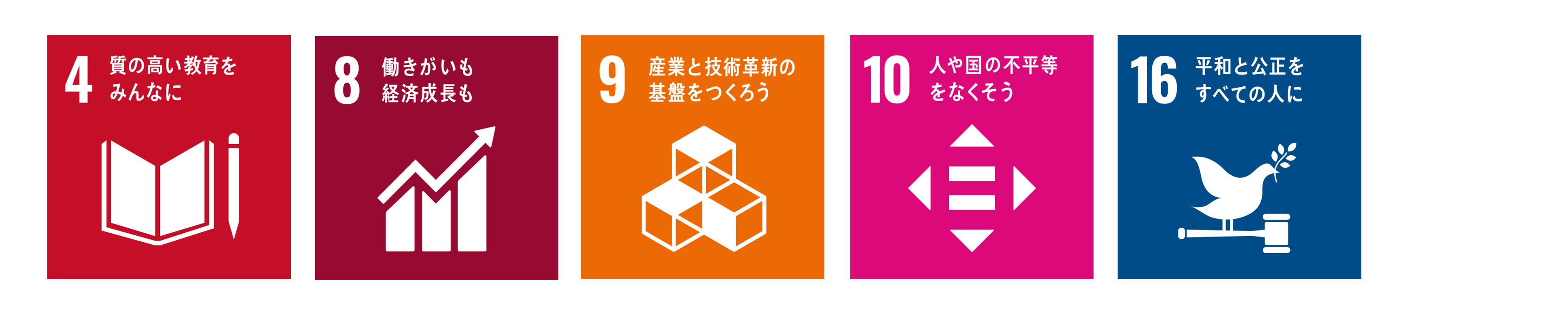 SDGsアイコン。4 質の高い教育をみんなに、8 働きがいも経済成長も、9 産業と技術革新の基盤をつくろう、10 人や国の不平等をなくそう、16 平和と公正をすべての人に