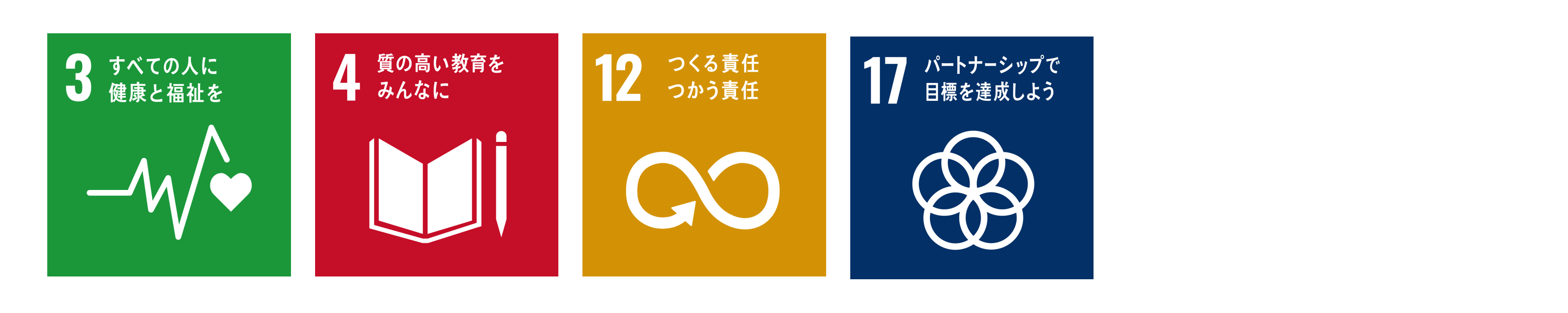 SDGsアイコン。3 すべての人に健康と福祉を、4 質の高い教育をみんなに、12 つくる責任 つかう責任、17 パートナーシップで目標を達成しよう