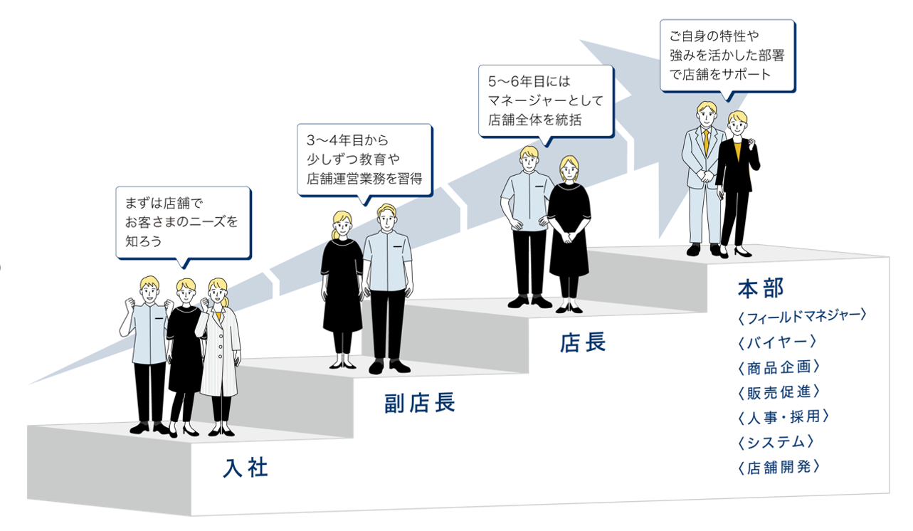 キャリアステップを階段のイラストで表現。1段目 入社：まずは店舗でお客さまのニーズを知ろう、2段目 副店長：3〜4年目から少しずつ教育や店舗運営業務を習得、3段目 店長：5〜6年目にはマネージャーとして店舗全体を統括、4段目 本部（フィールドマネージャー、バイヤー、商品企画、販売促進、人事・採用、システム、店舗開発）：ご自身の特性や強みを活かした部署で店舗をサポート