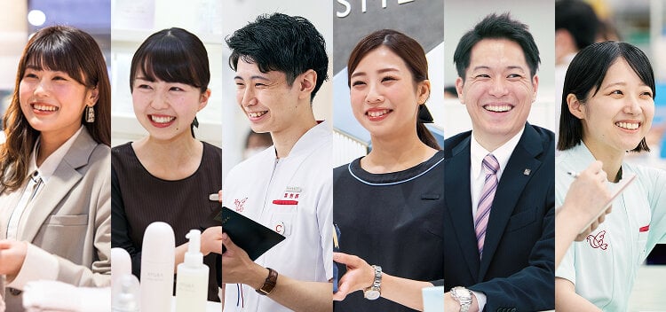 ジャケットやスーツ、白衣、制服など様々な服装で働く6人それぞれの写真。様々な職種があり、男性・女性、若手もベテランも笑顔でイキイキと働いている様子。
