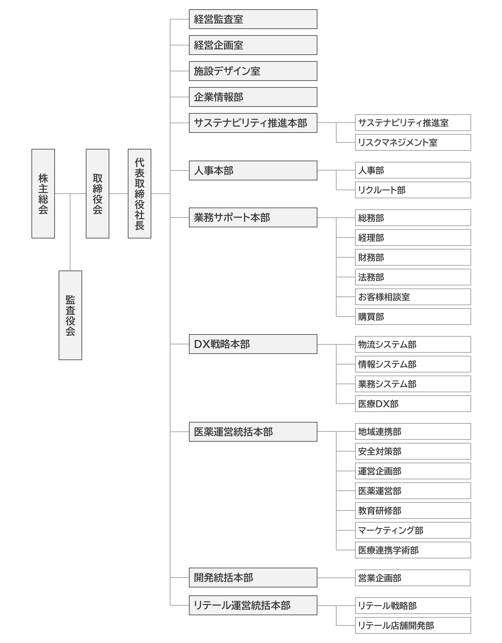 株式会社アインホールディングスの会社組織図。株主総会を起点とする横並びの樹形図で表現されている。株主総会から取締役会、代表取締役社長が直列。監査役会が、株主総会から枝分かれし、取締役会の前に位置している。代表取締役社長からは、11の部へ枝分かれする。部は上から順に、経営監査室、経営企画室、施設デザイン室、企業情報部、サステナビリティ推進本部、人事本部、業務サポート本部、DX戦略本部、医薬運営統括本部、開発統括本部、リテール運営統括本部が並ぶ。11の部のうち、経営監査室から企業情報部の4つの部は配下の部を持たない。サステナビリティ推進本部以下の7部の配下の部は以下の通り。サステナビリティ推進本部はサステナビリティ推進室とリスクマネジメント室の2つを持つ。人事本部は人事部とリクルート部の2つを持つ。業務サポート本部は総務部、経理部、財務部、法務部、お客様相談室、購買部の6つを持つ。DX戦略本部は物流システム部、情報システム部、業務システム部、医療DX部の4つを持つ。医薬運営統括本部は地域連携部、安全対策部、運営企画部、医薬運営部、教育研修部、マーケティング部、医療連携学術部の7つを持つ。開発統括本部は営業企画部を1つ持つ。リテール運営統括本部はリテール戦略部とリテール店舗開発部の2つを持つ。