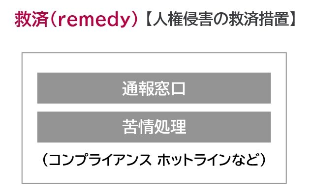 救済（remedy）【人権侵害の救済措置】についての図です。縦に並んだ２つのグレーの四角に通報窓口、苦情処理が書かれており（コンプライアンス ホットラインなど）が下に記載され、全体がグレー枠で囲まれています。