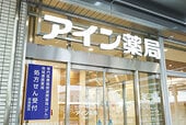 アイン薬局の建物。処方せん受付の看板がある。