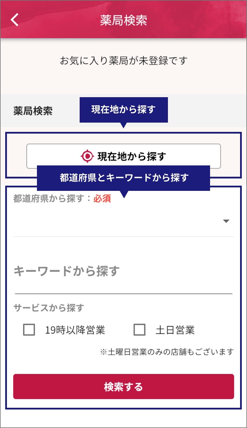 薬局検索ページのスクリーンショット。「現在地から探す」ボタン、その下に「都道府県から探す」プルダウンメニュー、続けて「キーワードから探す」入力欄、最後に「サービスから探す（「19時以降営業」「土日営業」）」チェックボックスがあり、ページ最下部に「検索する」ボタンがある。