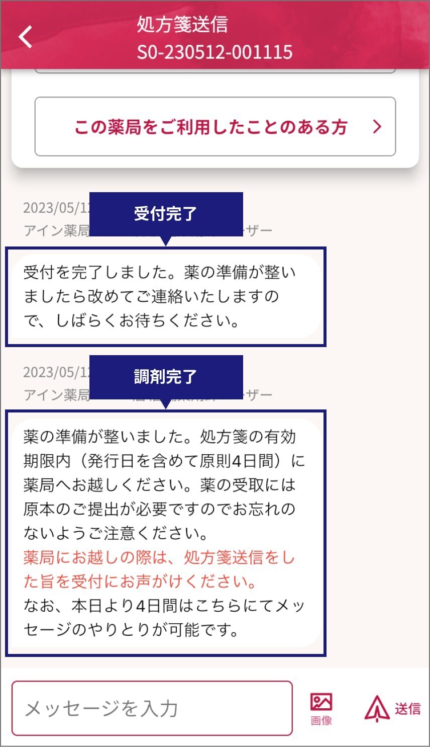 処方箋送信ページのスクリーンショット。「受付を完了しました。薬の準備が整いましたら改めてご連絡いたしますので、しばらくお待ちください。」という受付完了通知、「薬の準備が整いました。処方箋の有効期限内（発行日を含めて原則4日間）に薬局へお越しください。薬の受取には原本の提出が必要ですのでお忘れのないようご注意ください。薬局にお越しの際には、処方箋送信をした旨を受付にお声がけください。なお、本日より4日間はこちらにてメッセージのやりとりが可能です。」という調剤完了通知が表示されている。