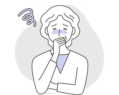 片手で口元を覆い、眉を寄せて目を閉じた人物の白黒線画イラスト