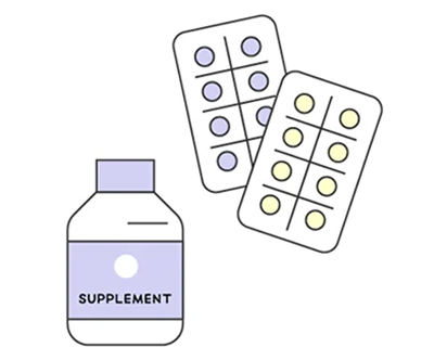 SUPPLEMENT表記のボトルと、紫・黄色の錠剤入りブリスターパック。