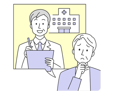 画面右下に、顎に手を当てた白髪交じりの男性。病院の建物を背景にして、男性医師がペンとバインダーを持ってヒアリングしている様子を思い浮かべている。