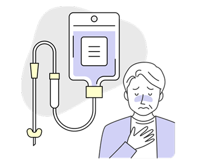 点滴バッグと、胸に手を当て眉を寄せた人物のイラスト