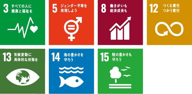 SDGsアイコン。3 すべての人に健康と福祉を、5 ジェンダー平等を実現しよう、8 働きがいも経済成長も、12 つくる責任 つかう責任、13 気候変動に具体的な対策を、14 海の豊かさを守ろう、15 陸の豊かさも守ろう